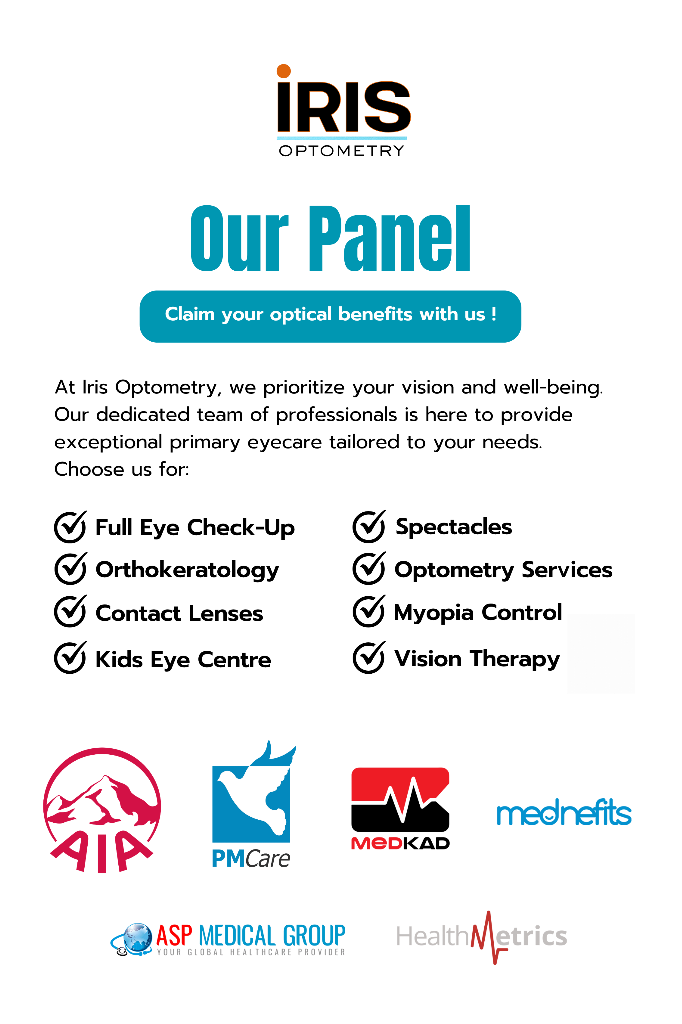 Poster panel optikal IRIS Optometry termasuk AIA, PMCare, MedKad, Mednefits, ASP Medical Group dan HealthMetrics